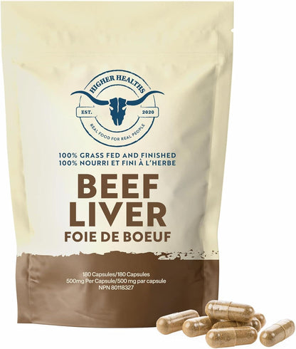 Beef liver capsules packaging with 'Higher Health' branding on a beige background