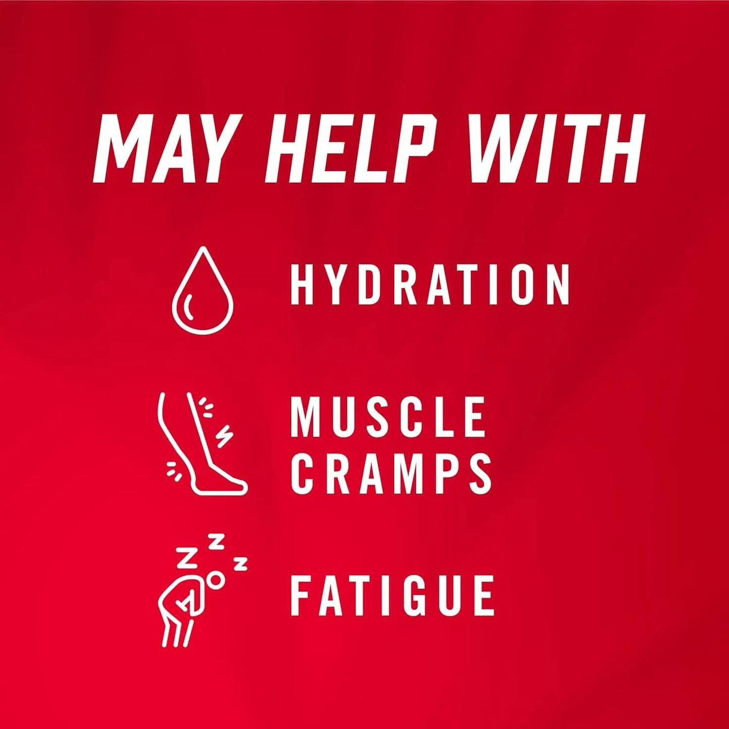 Red background with white text and icons indicating benefits of a product or supplement.