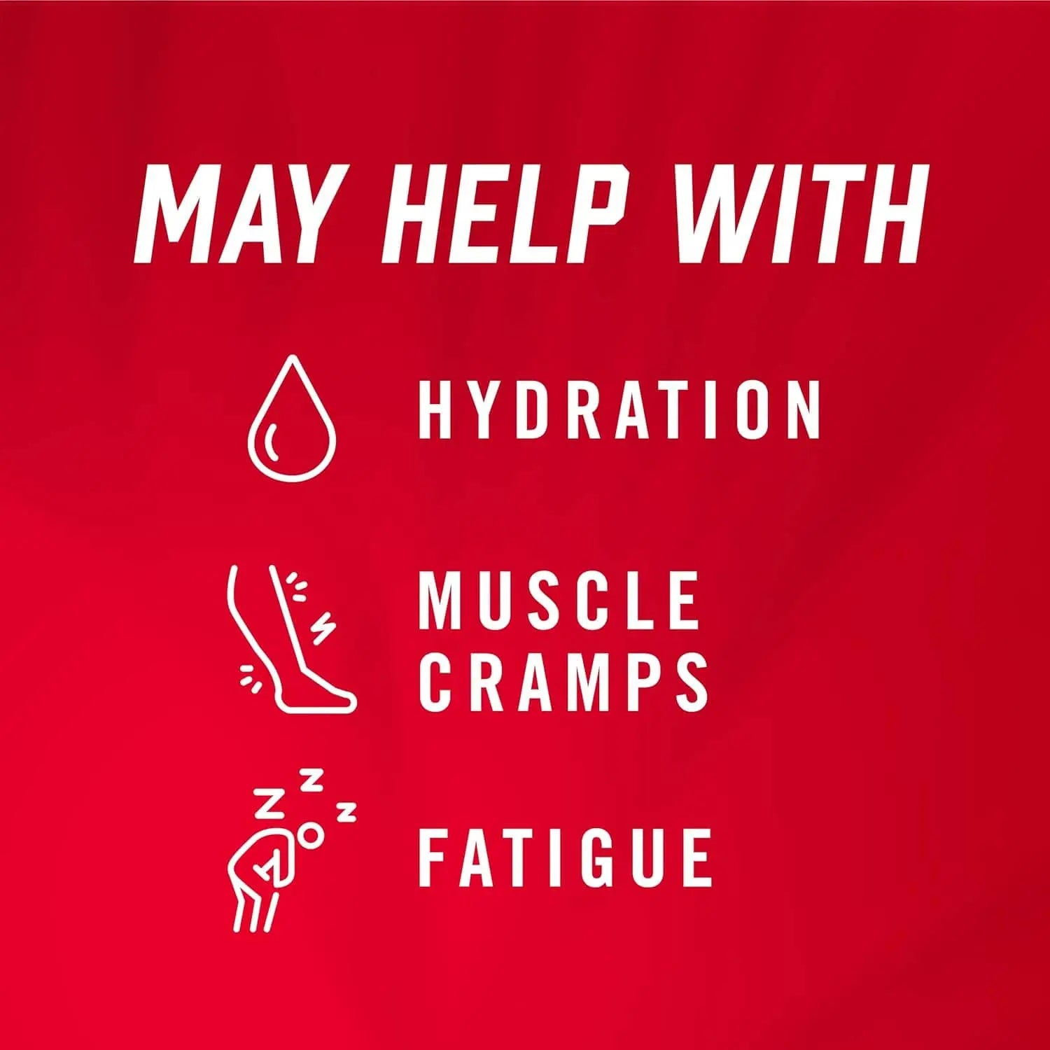 Red background with white text and icons indicating benefits of a product or supplement.