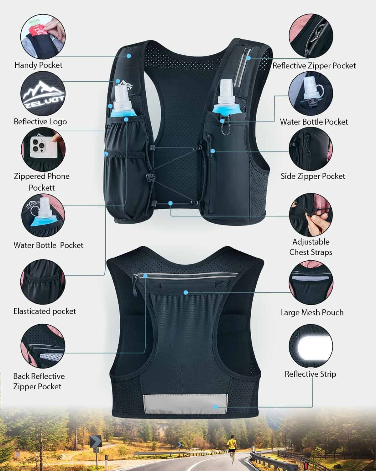 Black running vest with various pockets and features on a white background