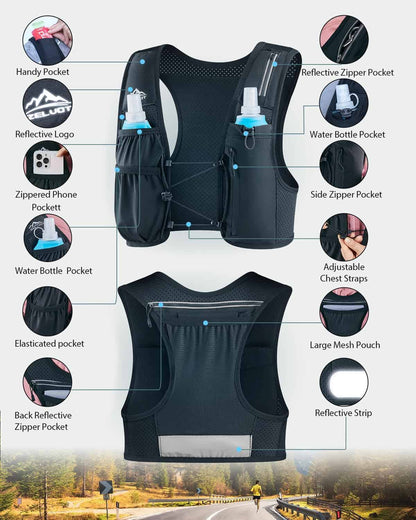 Black running vest with various pockets and features on a white background