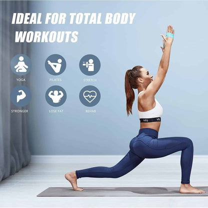 Woman performing a yoga pose with icons and text about total body workouts on a light blue background