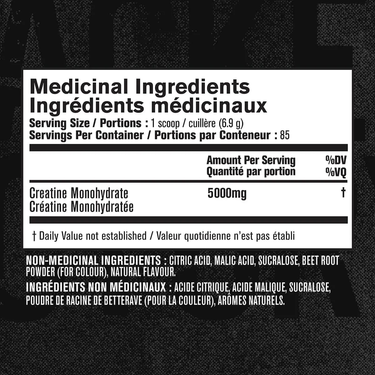 Nutritional label for a supplement with black background and white text.