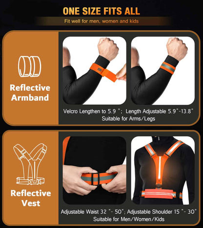 LED Reflective Running Vest Set – USB Rechargeable Light-Up Vest with Phone Holder, High Visibility Armbands, Adjustable Fit for Night Running, Walking, Cycling (Unisex) Fokia Kunbio