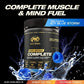 PVD Gold Series EAA+BCAA Complete supplement with icy blue storm flavor on a black background