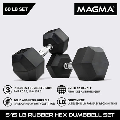 MAGMA Premium Rubber Hex Dumbbell Set – 5lb to 50lb Pairs | Non-Rolling Hex Design, Ergonomic Grip, Floor-Safe Coating - FitCore Supply