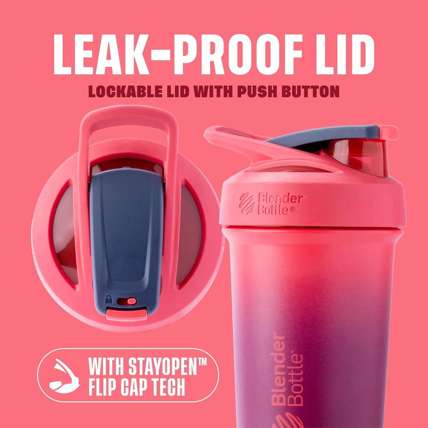 Pink blender bottle with leak-proof lid on a pink background