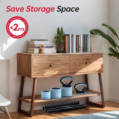 Wooden console table with storage space, books, plants, and fitness equipment in a room.