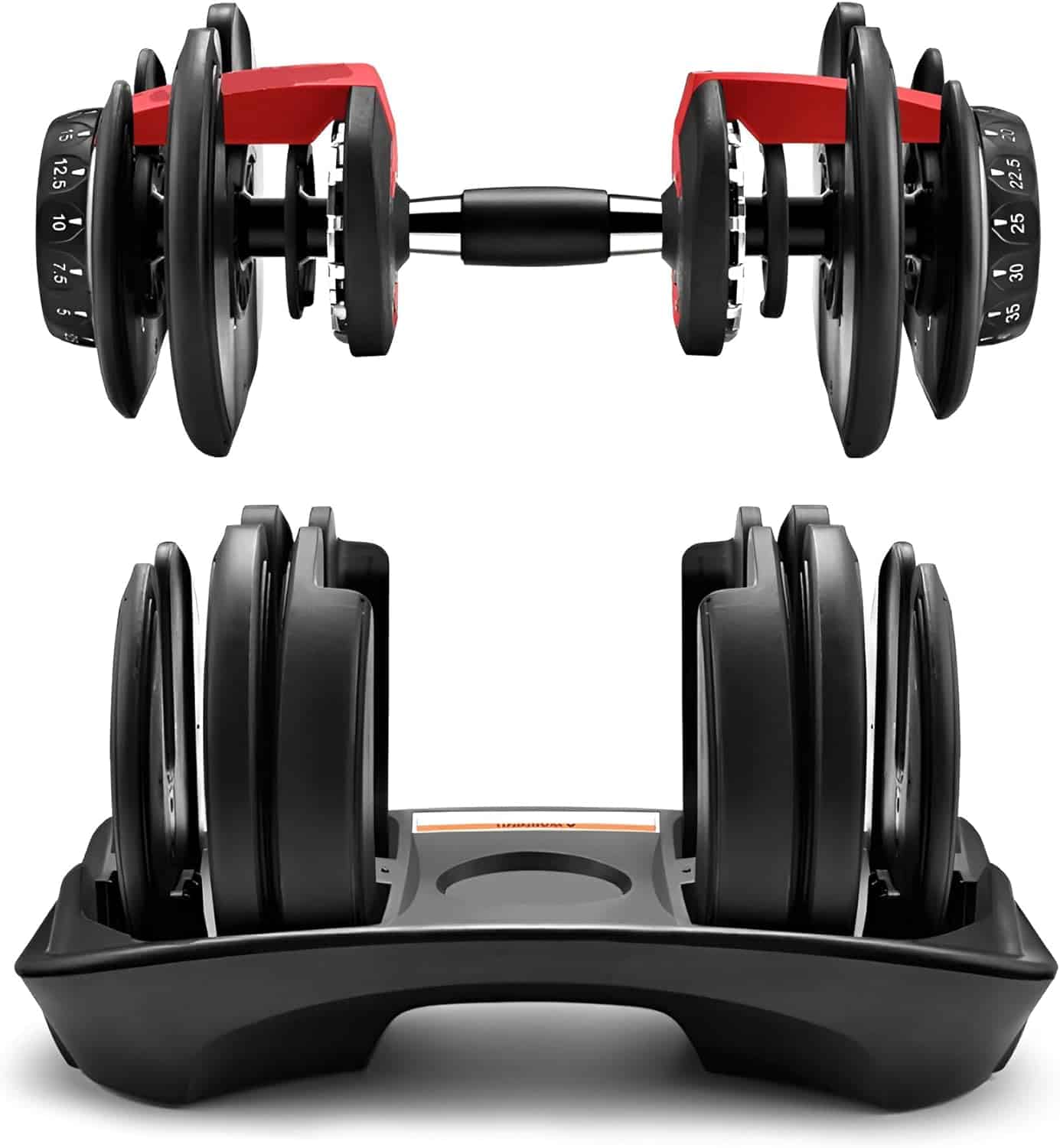 Pair of adjustable dumbbells with a storage stand on a white background