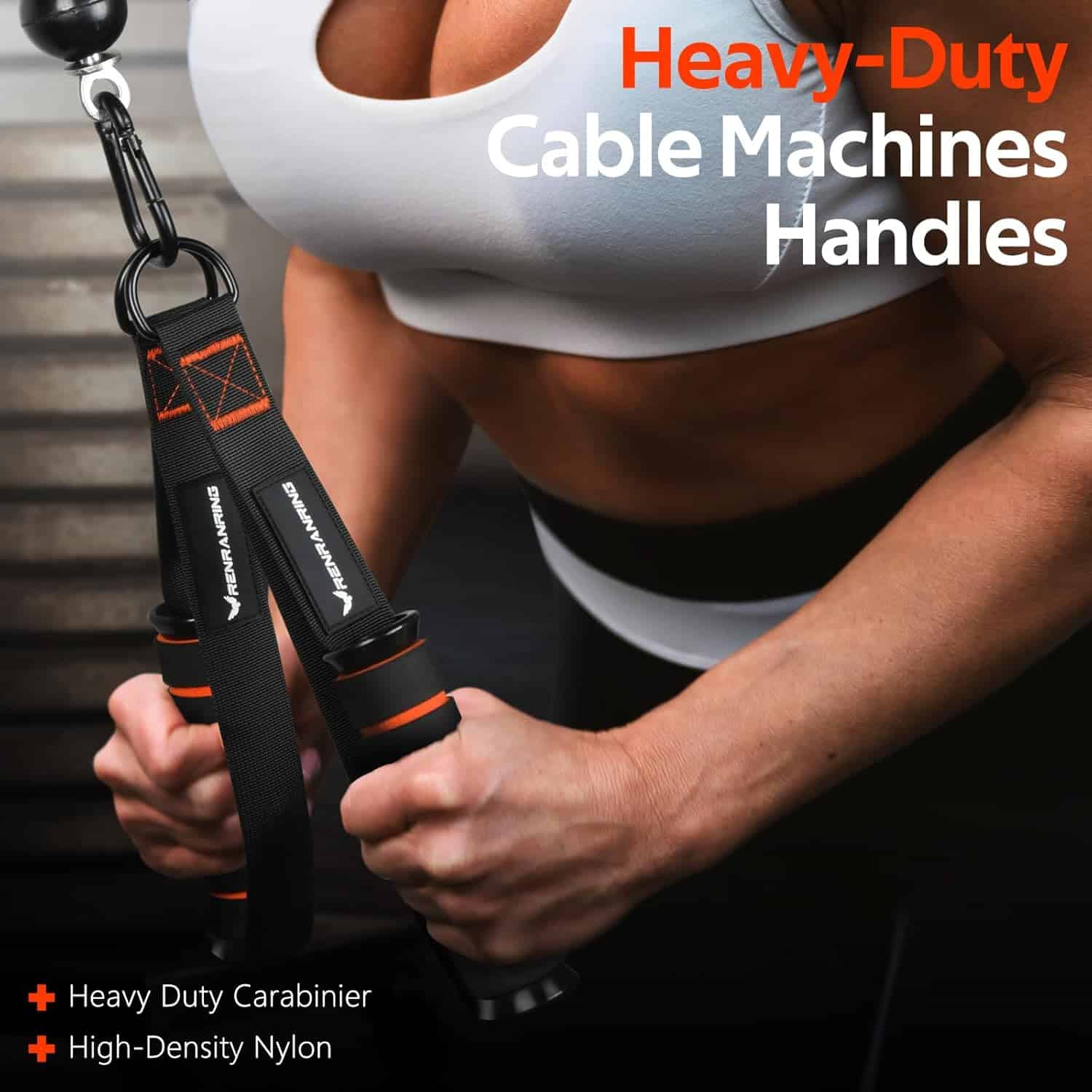 Person using a heavy-duty cable machine with text highlighting features