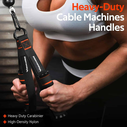 Person using a heavy-duty cable machine with text highlighting features