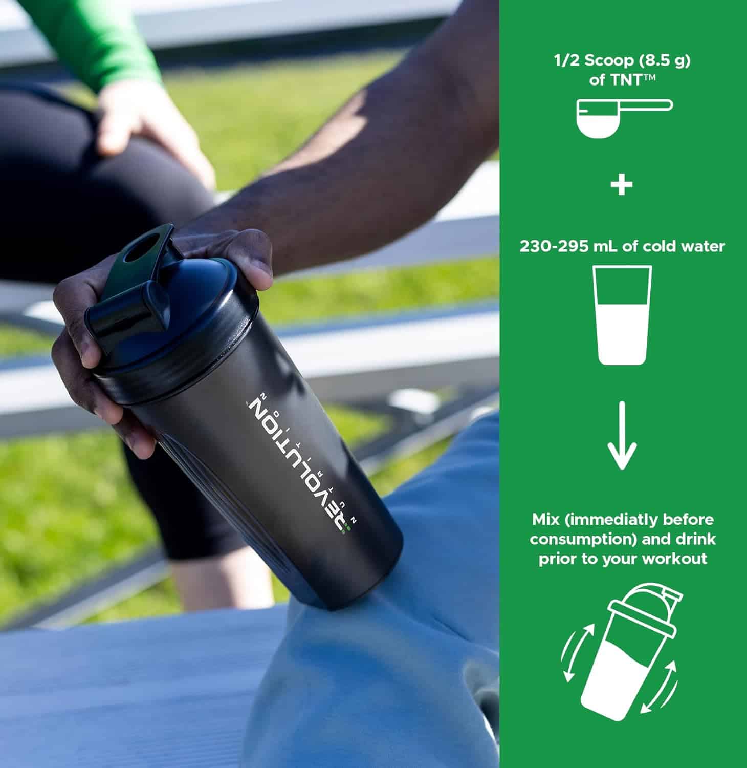 Person holding a black shaker bottle with green background and text on nutrition and consumption instructions.