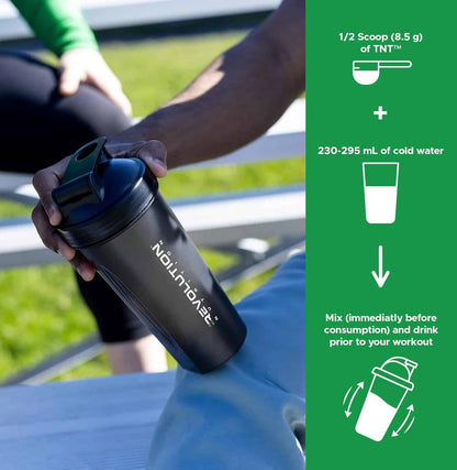 Person holding a black shaker bottle with green background and text on nutrition and consumption instructions.