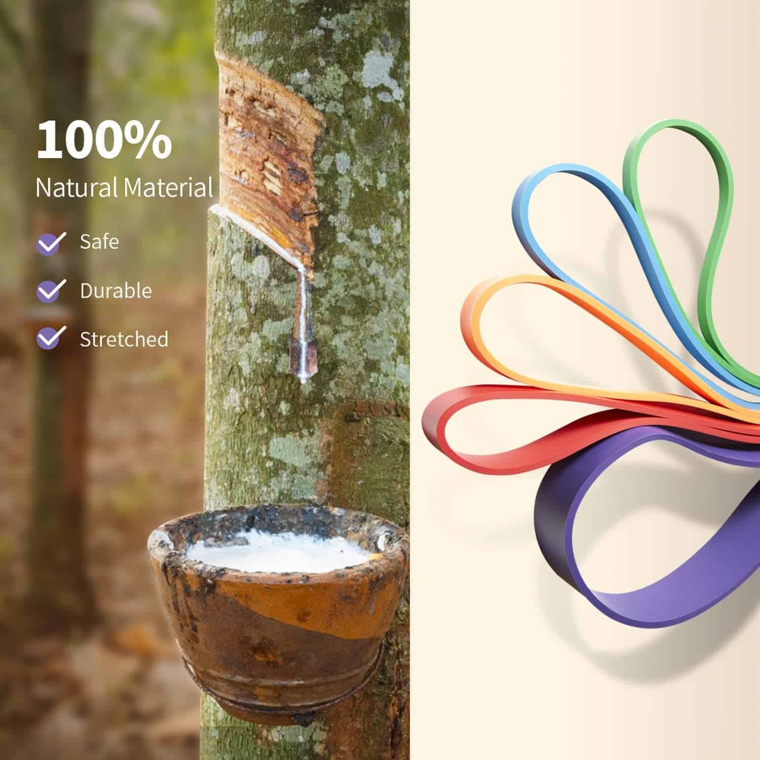 Natural latex being collected from a tree with colorful rubber bands on a beige background.