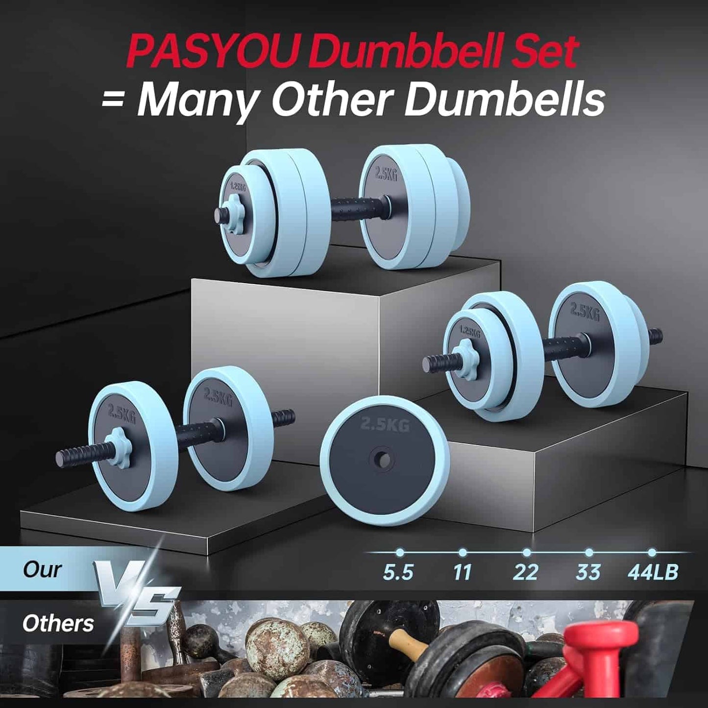 PASYOU dumbbell set with weights displayed on a dark background