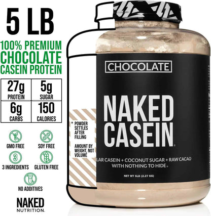 Naked Casein protein powder container with nutritional information on a white background
