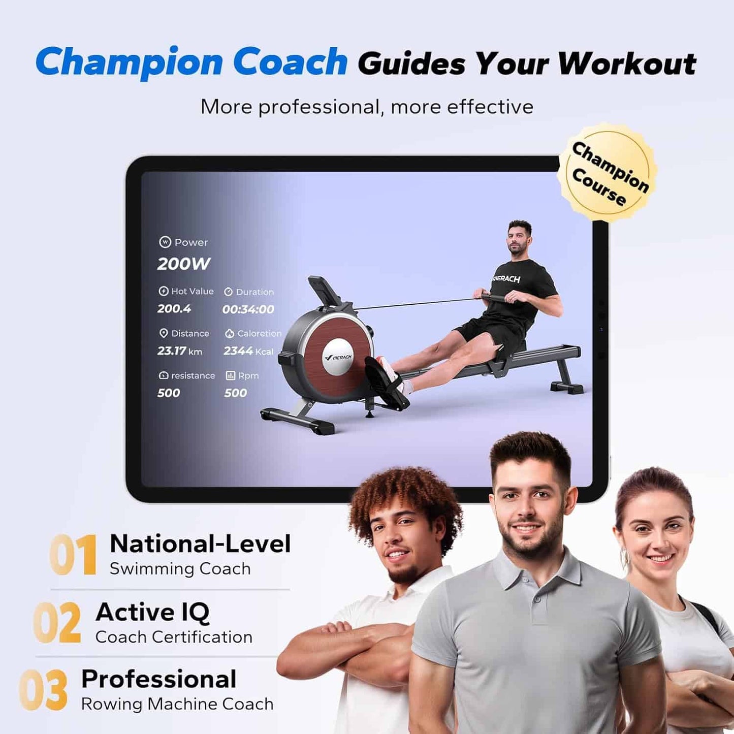 Advertisement for Champion Coach with a rower on a screen and three people standing below.