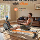 Person using a rowing machine in a living room with text indicating customization for tall people and weight capacity.