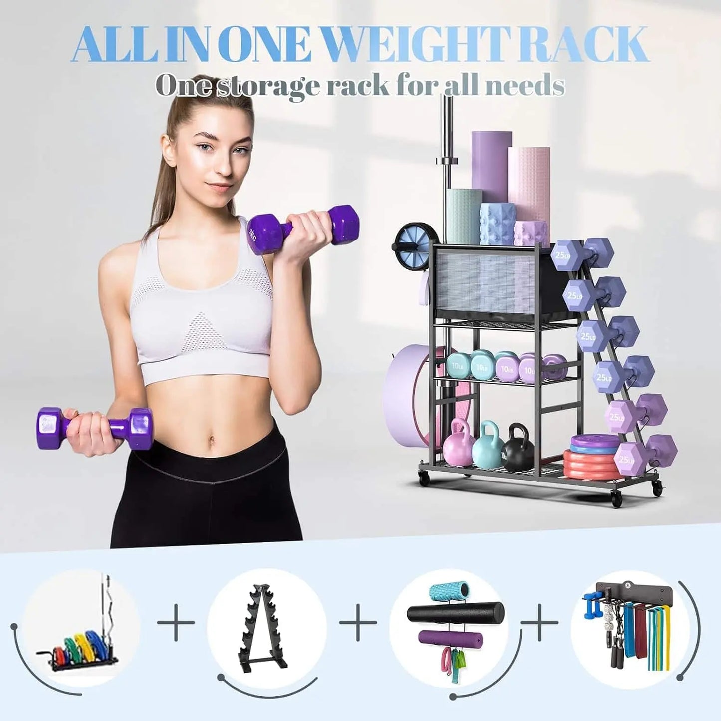 Woman holding dumbbells next to an all-in-one weight rack with various fitness equipment.