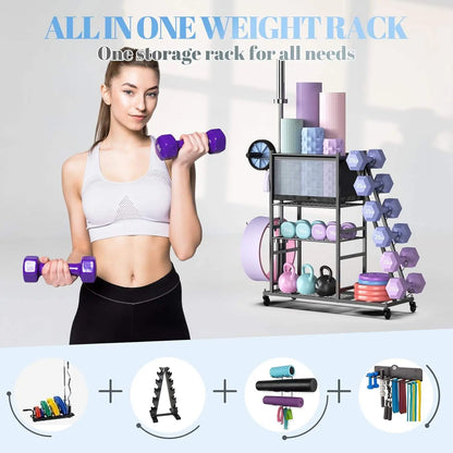 Woman holding dumbbells next to an all-in-one weight rack with various fitness equipment.