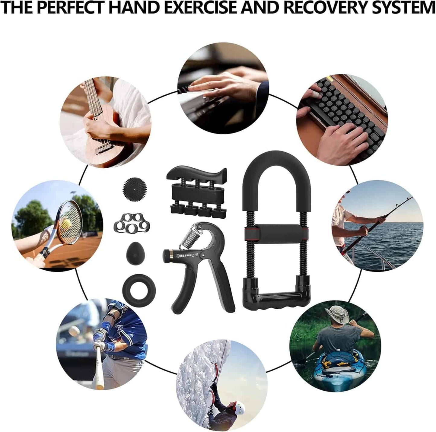Hand exercise and recovery system with various hand activities depicted.