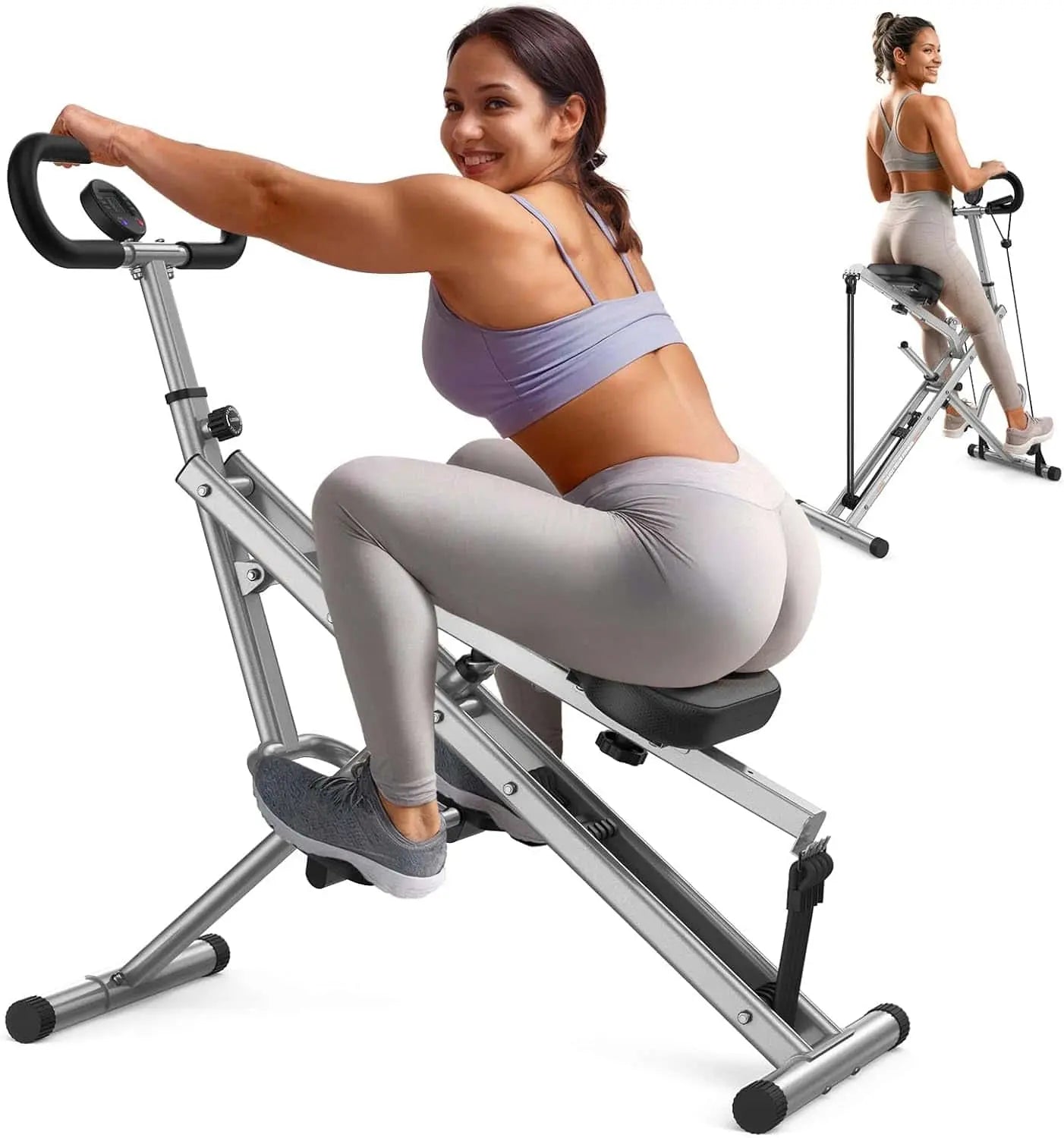 Woman exercising on a stationary bike with a white background