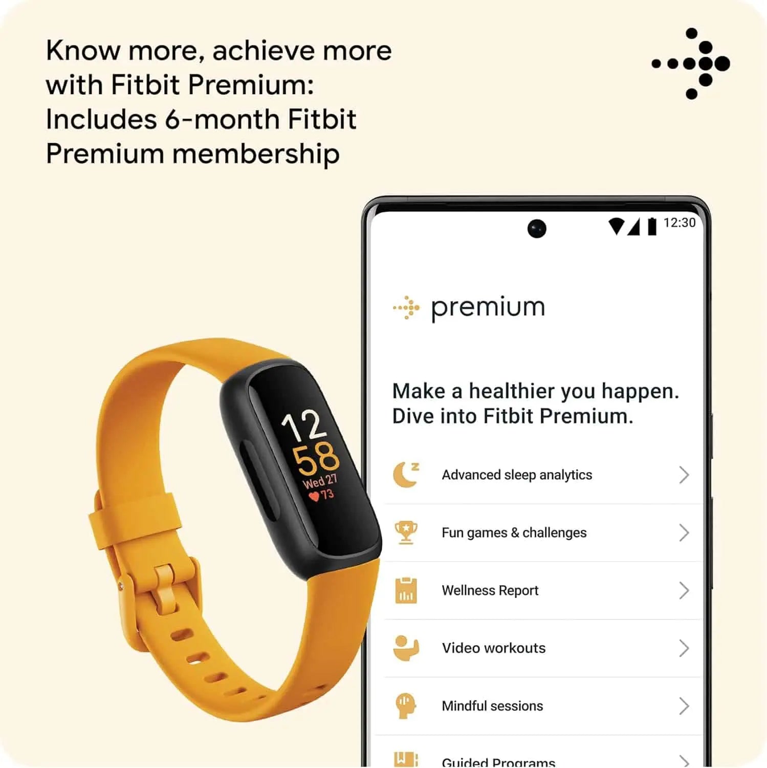 Fitbit smartwatch with yellow band and Fitbit Premium app interface on a smartphone.