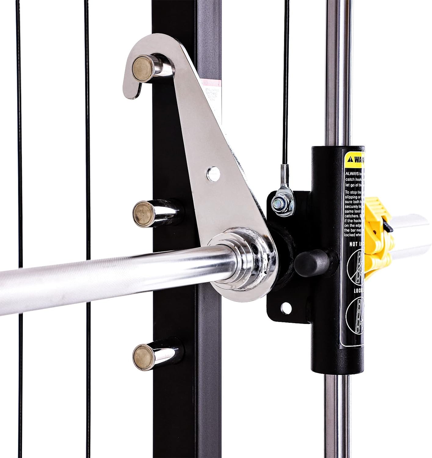 Close-up of a gym barbell attachment on a weightlifting machine.