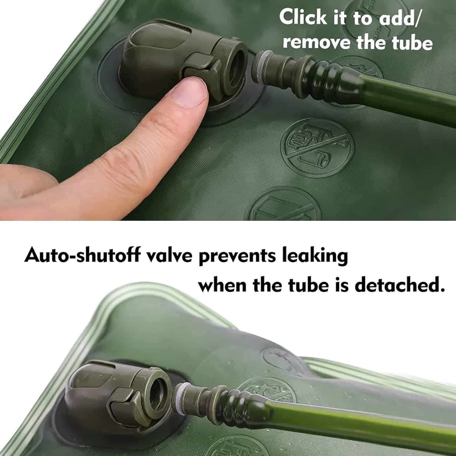 Green inflatable raft with tube attachment and auto-shutoff valve feature.