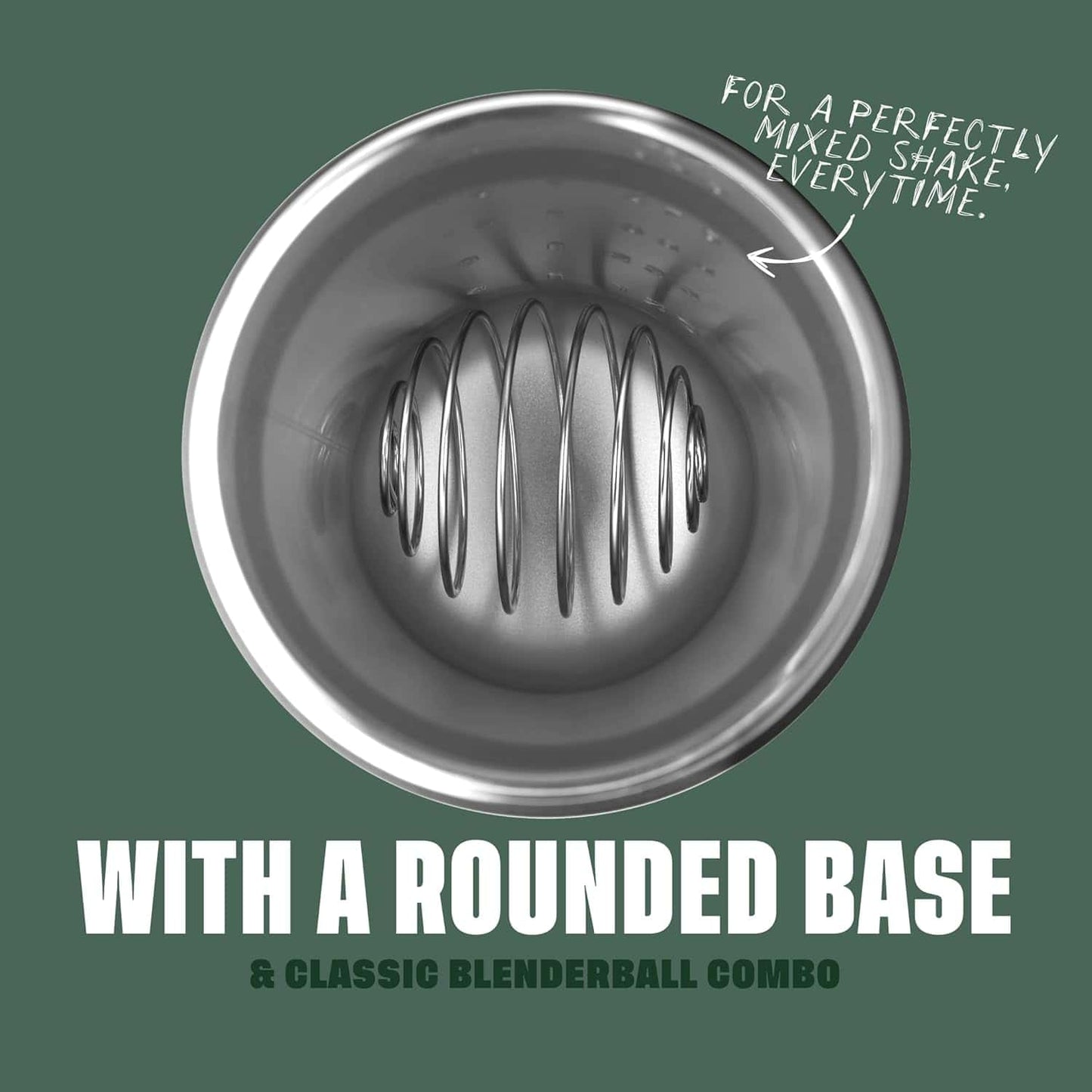 Metallic blender container with text on a green background