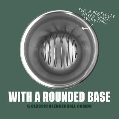 Metallic blender container with text on a green background