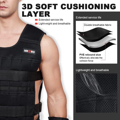 Black protective vest with 3D soft cushioning layer on a person, featuring Lekero branding.