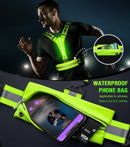 LED Reflective Running Vest Set – USB Rechargeable Light-Up Vest with Phone Holder, High Visibility Armbands, Adjustable Fit for Night Running, Walking, Cycling (Unisex) Fokia Kunbio