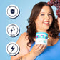 Woman holding a container of Vitafa MultiGlow with icons indicating benefits on a blue background