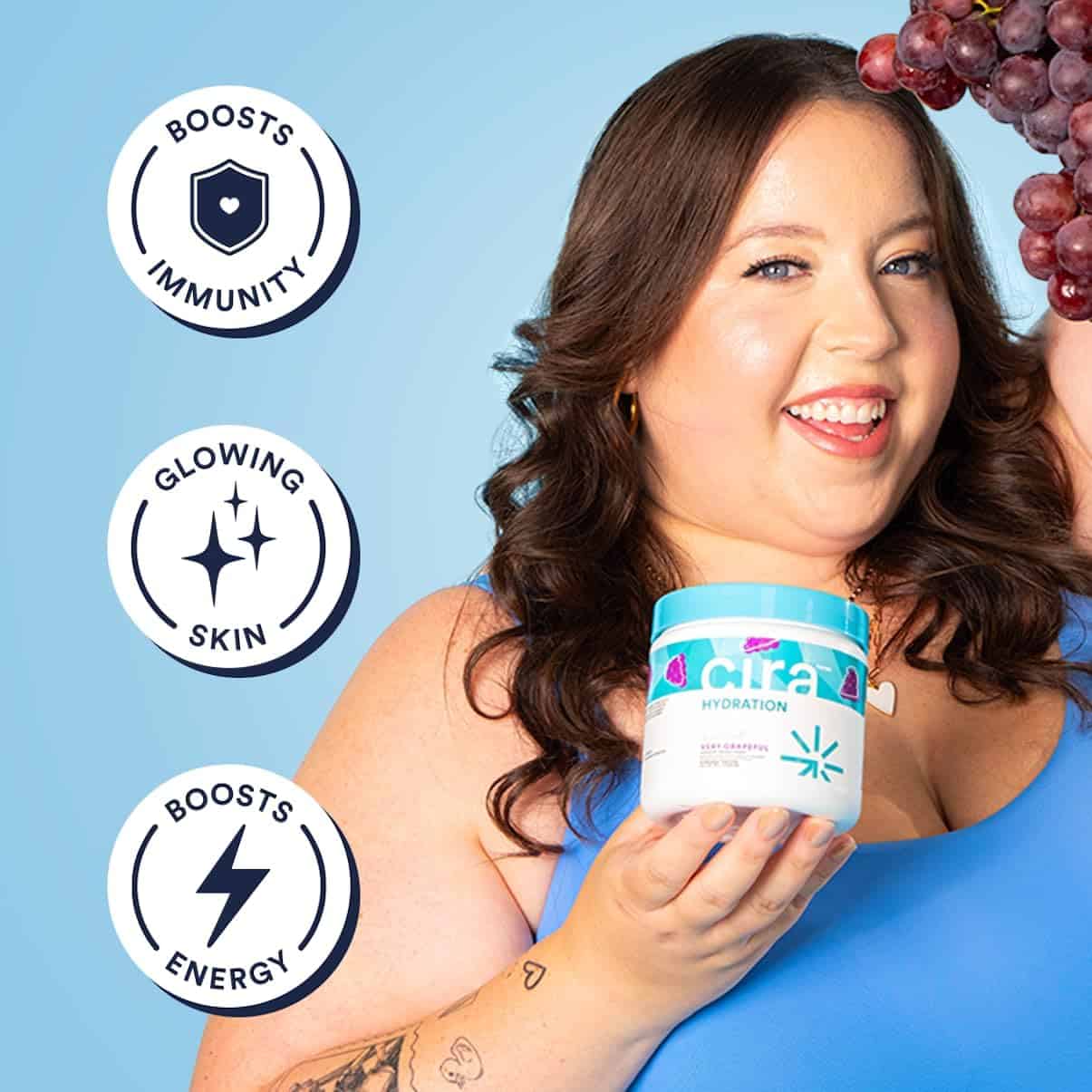 Woman holding a container of Vitafa MultiGlow with icons indicating benefits on a blue background