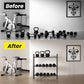 Before and after comparison of a home gym setup with storage solutions.