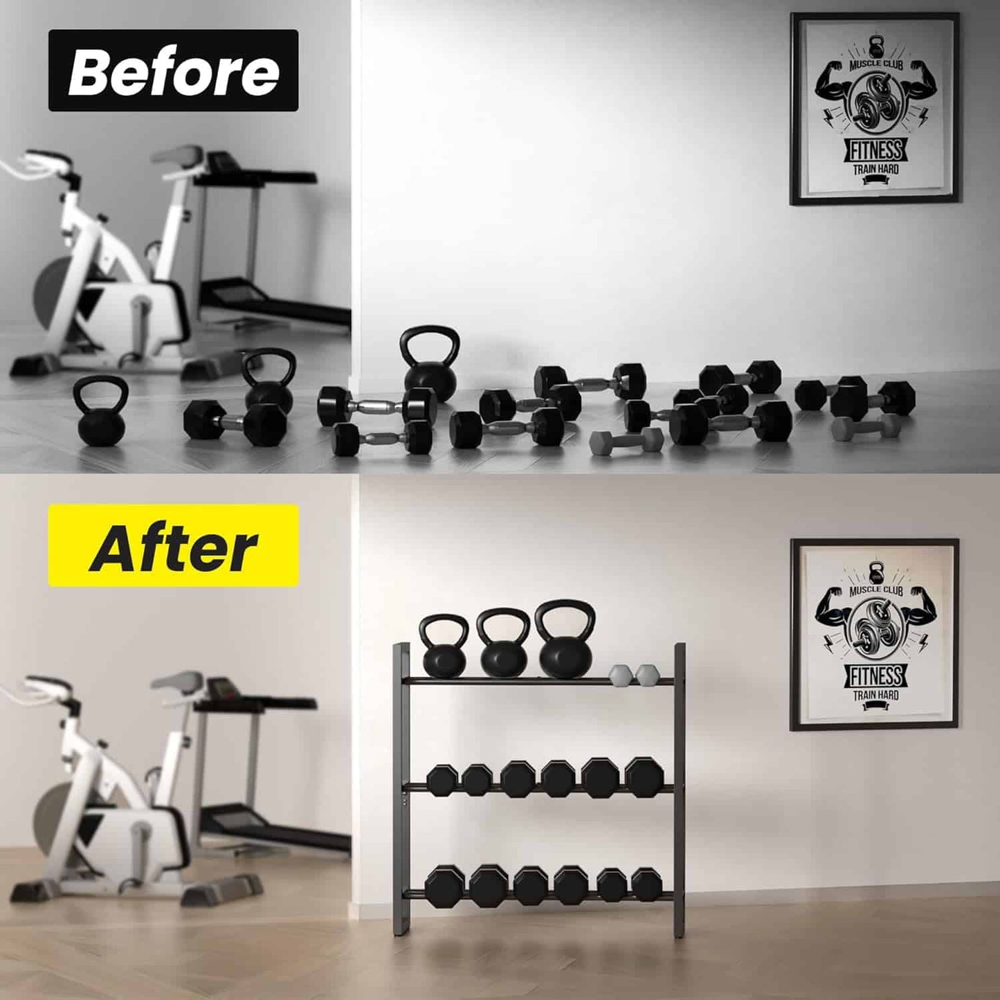 Before and after comparison of a home gym setup with storage solutions.