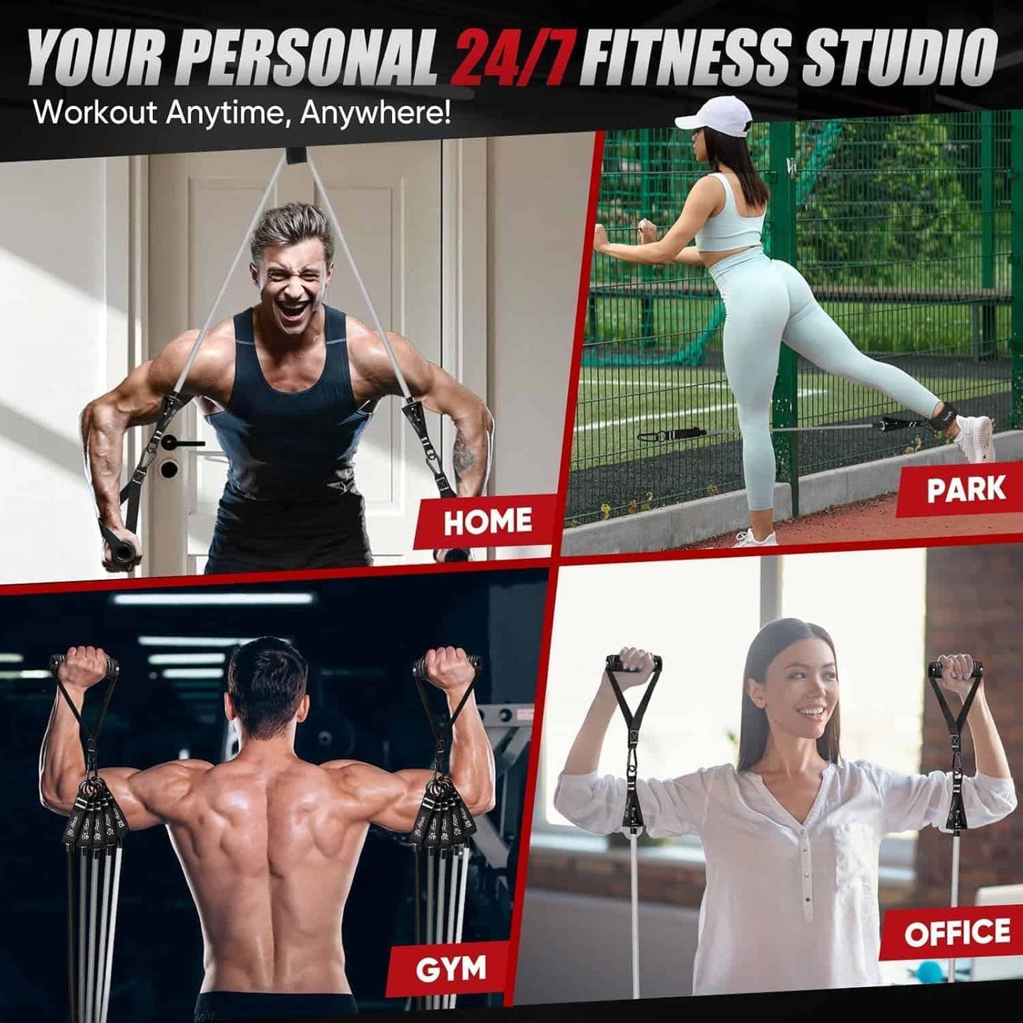 Collage of people using fitness equipment in various settings with text promoting a personal fitness studio.
