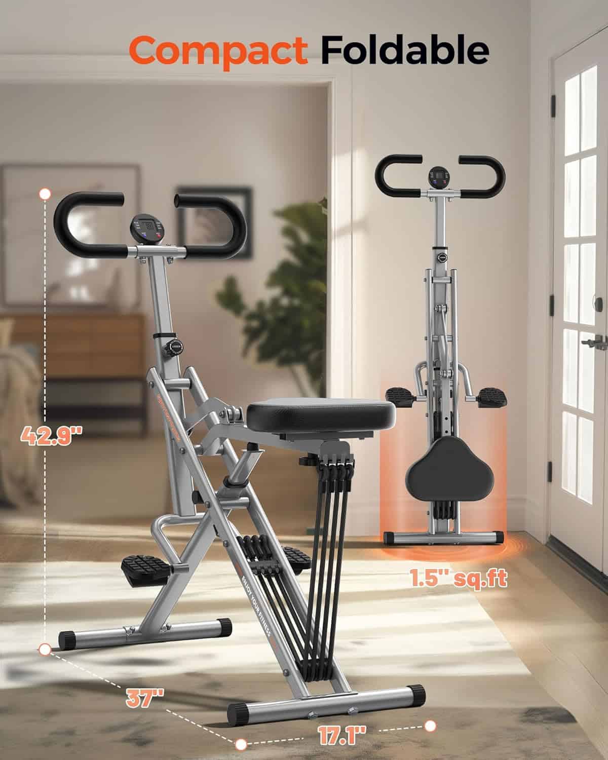 Foldable exercise bike shown in a home setting with measurements displayed.