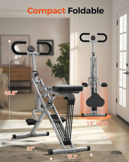 Foldable exercise bike shown in a home setting with measurements displayed.
