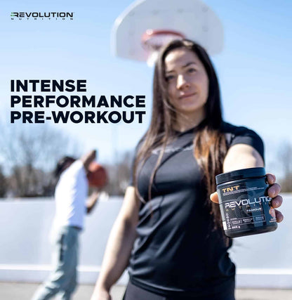 Woman holding a Revoluti pre-workout supplement with 'Revolution Nutrition' branding.