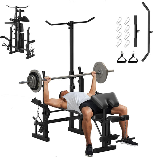 Gym equipment set including a barbell, weight plates, and various gym machines on a white background.