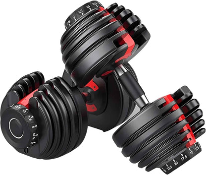 Pair of adjustable dumbbells with black and red design on a white background