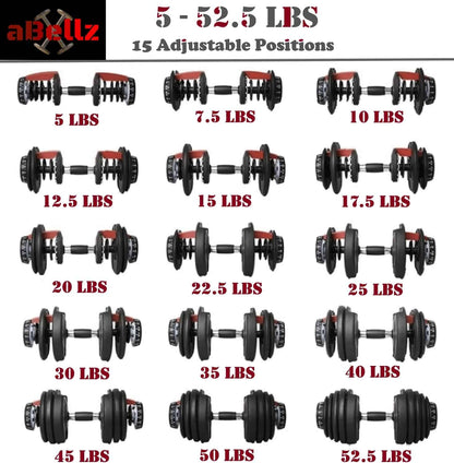 Set of adjustable dumbbells with weight labels on a white background, featuring the brand 'aBellz'.
