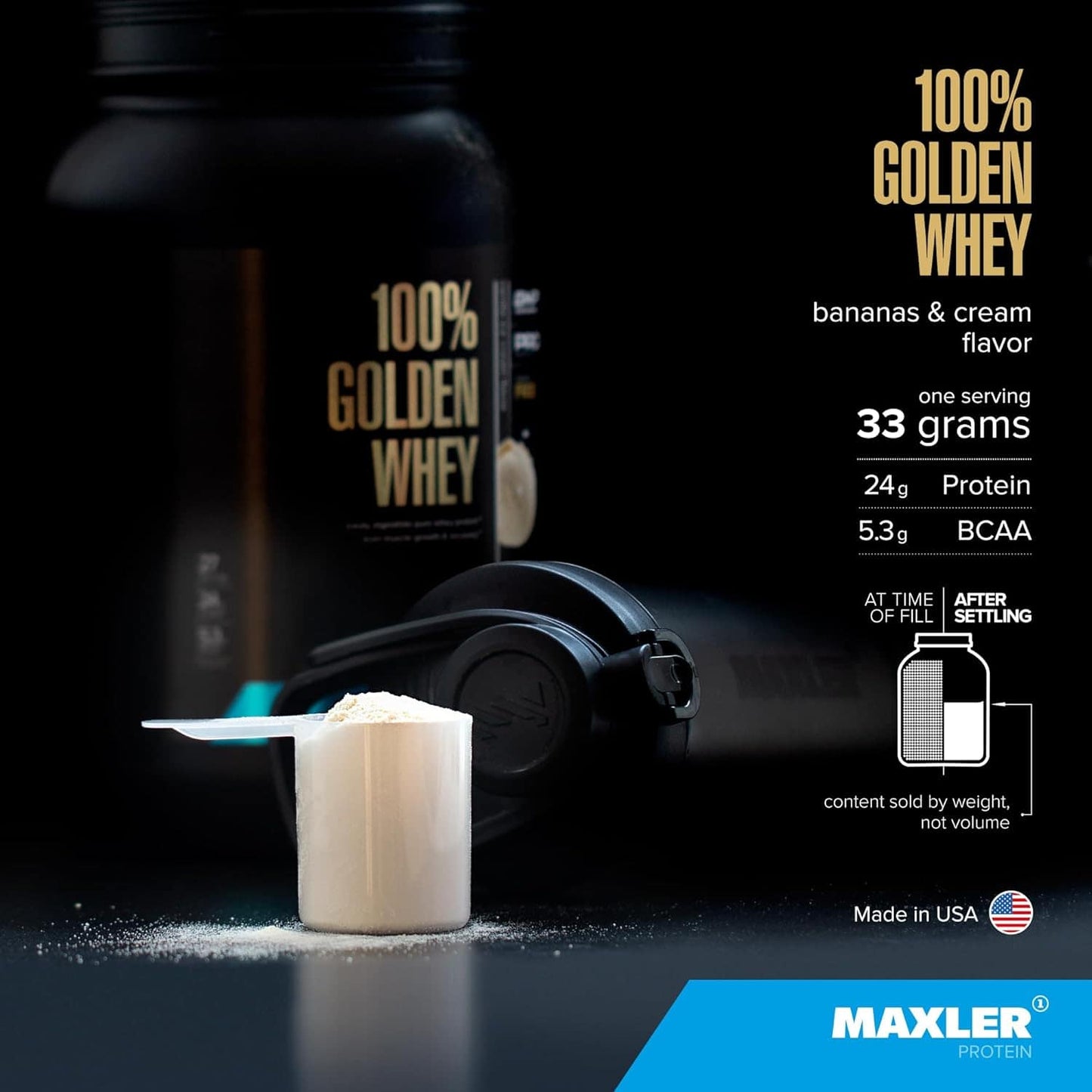 Maxler 100% Golden Whey protein powder container with scoop and powder on a dark background