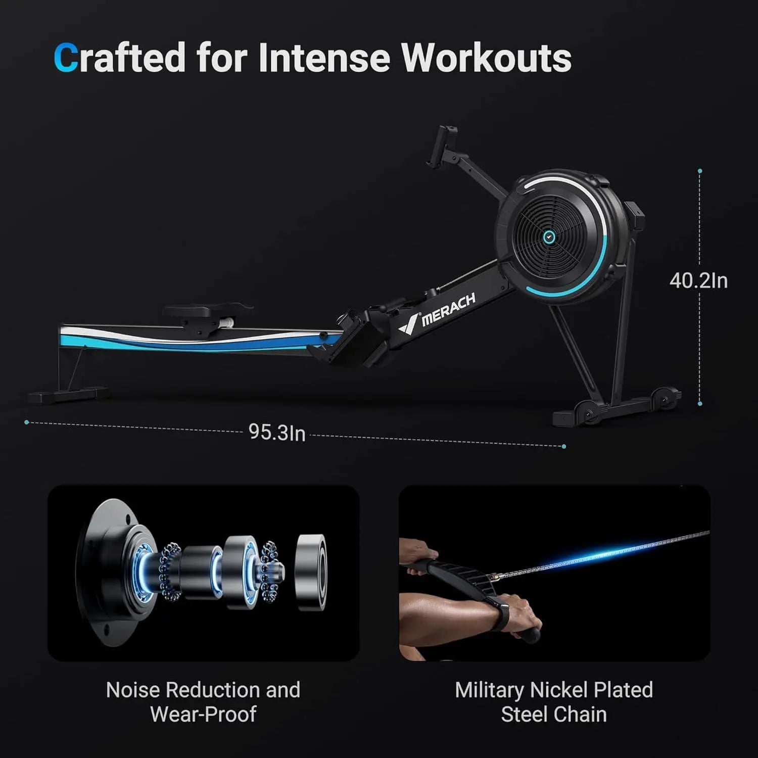 Rowing machine with features highlighted on a black background