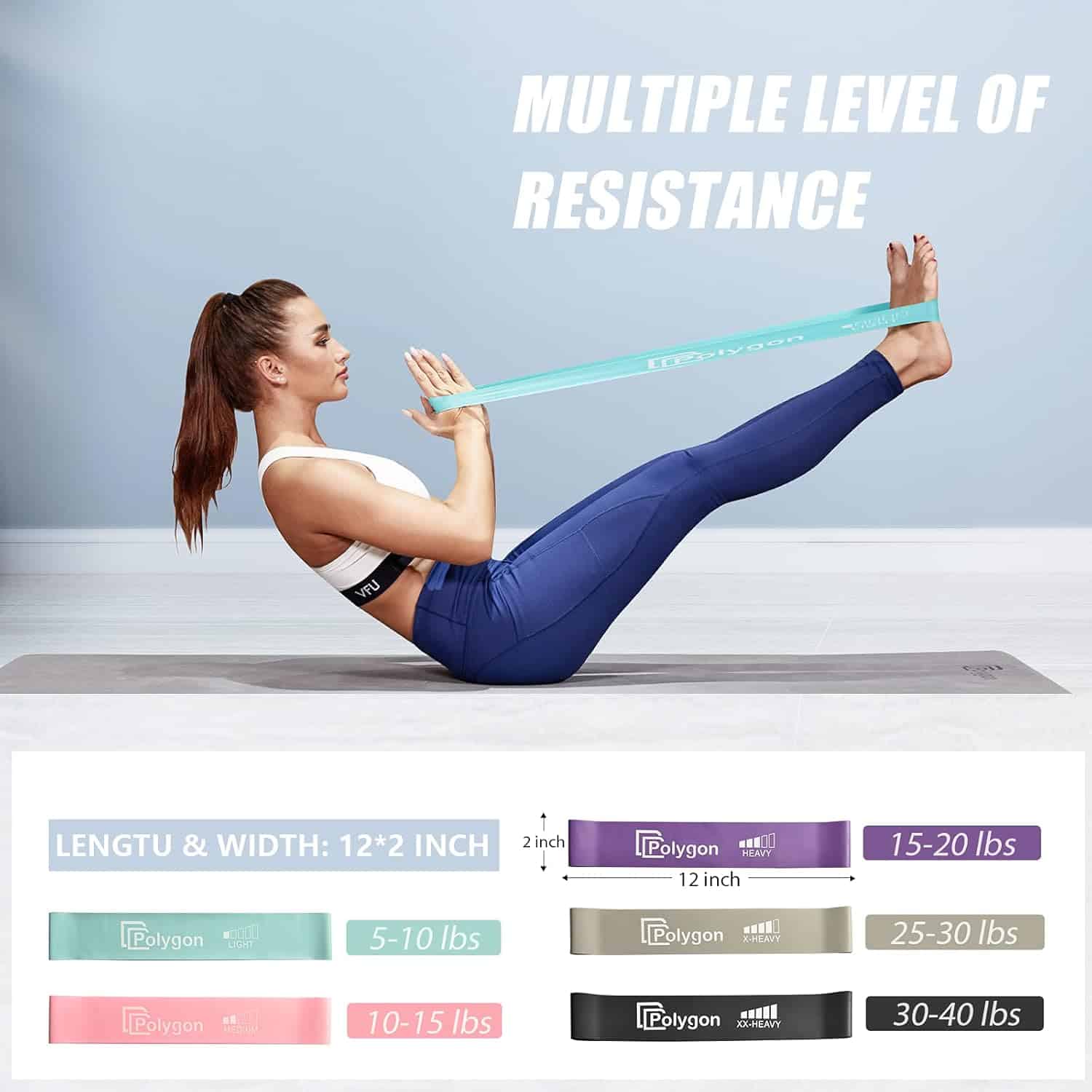 Woman exercising with resistance bands on a mat, with text about resistance levels.