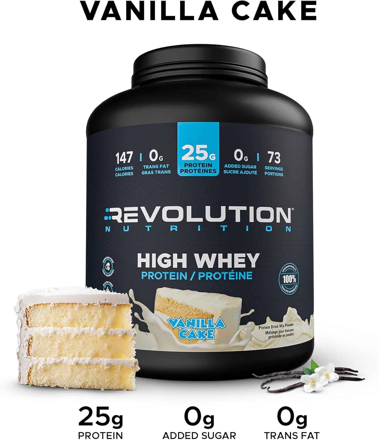 Revolution Nutrition High Whey Protein container with vanilla cake flavor on a white background