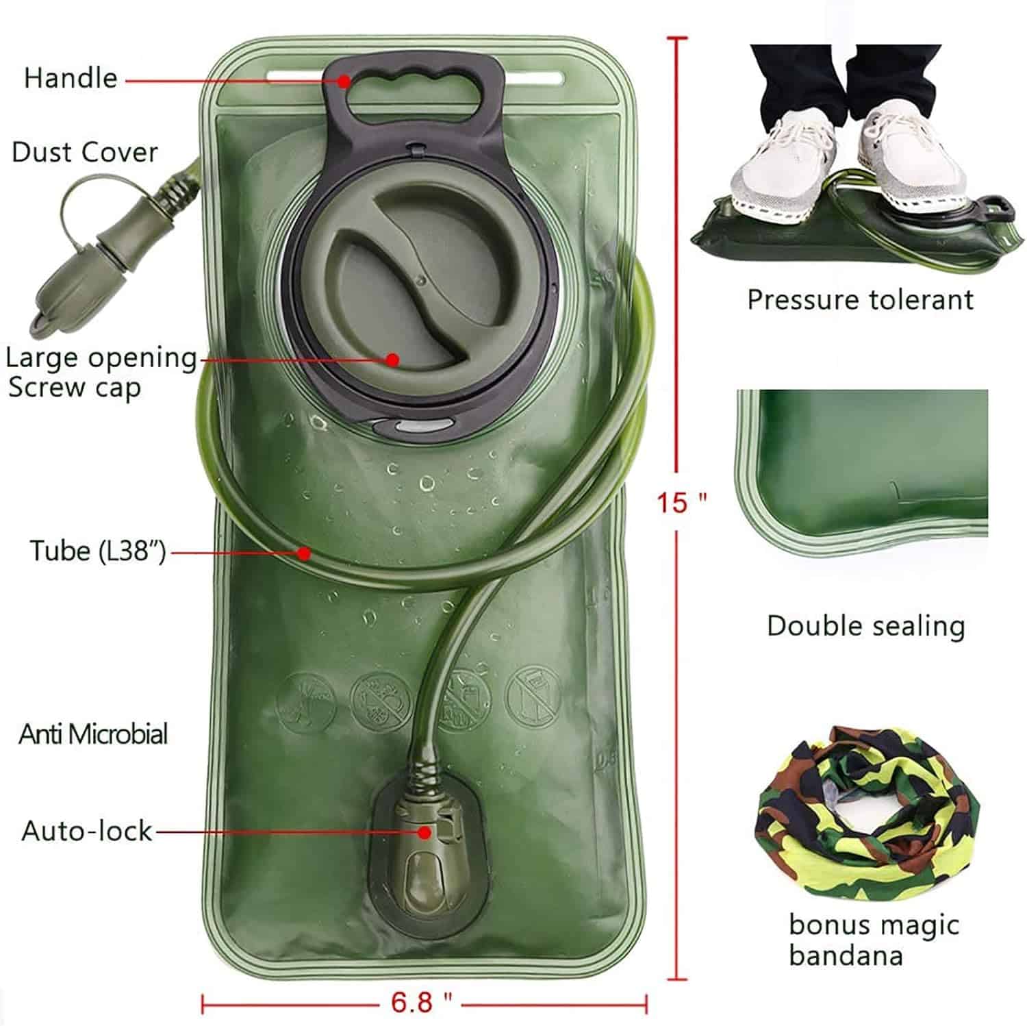 Green hydration bladder with features and measurements labeled, including a bonus magic bandana.