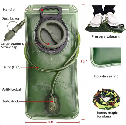 Green hydration bladder with features and measurements labeled, including a bonus magic bandana.